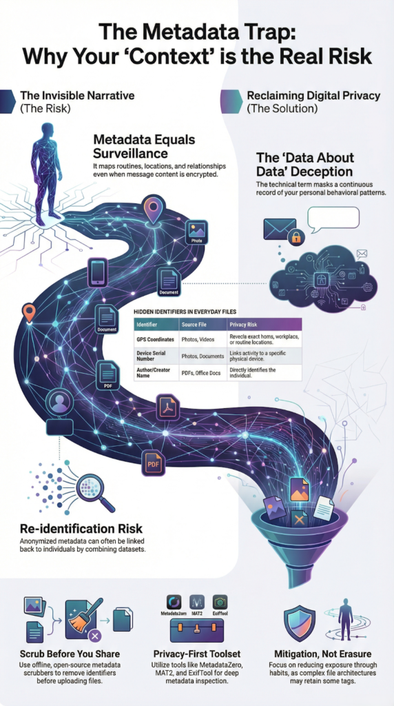 Infographic on privacy implications metadata collection showing hidden identifiers, surveillance flow, and re-identification risk