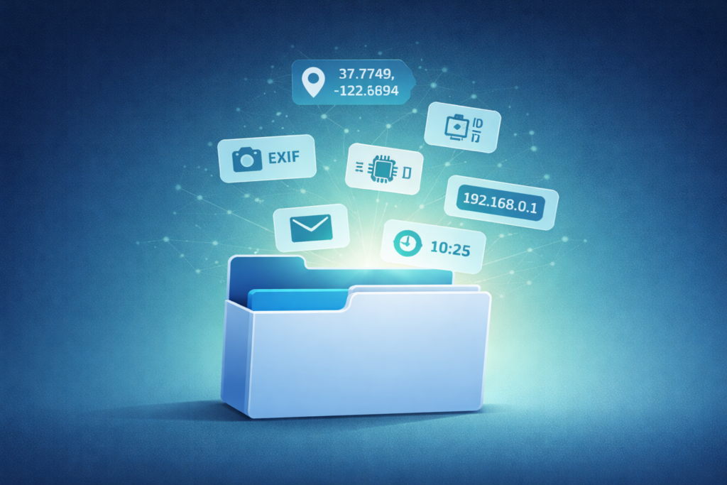 Illustration of privacy implications metadata collection showing open folder with GPS, EXIF, IP and timestamp data tags