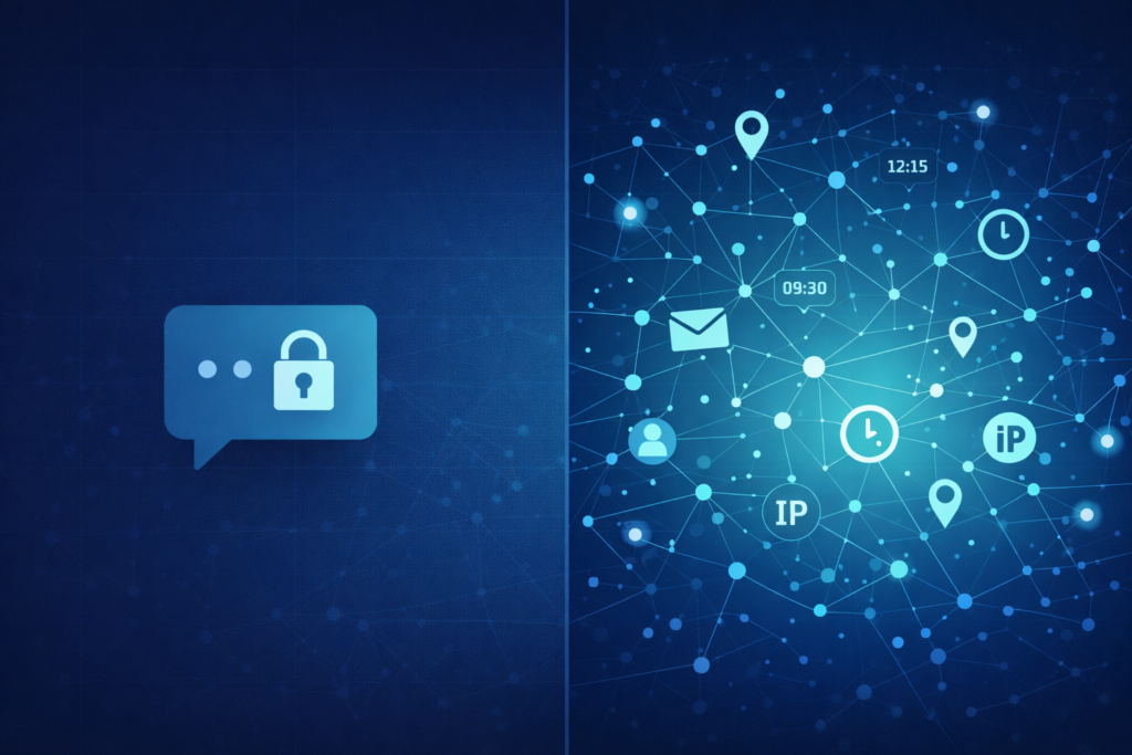 Split illustration of privacy implications metadata collection showing locked chat icon and expanding data network map