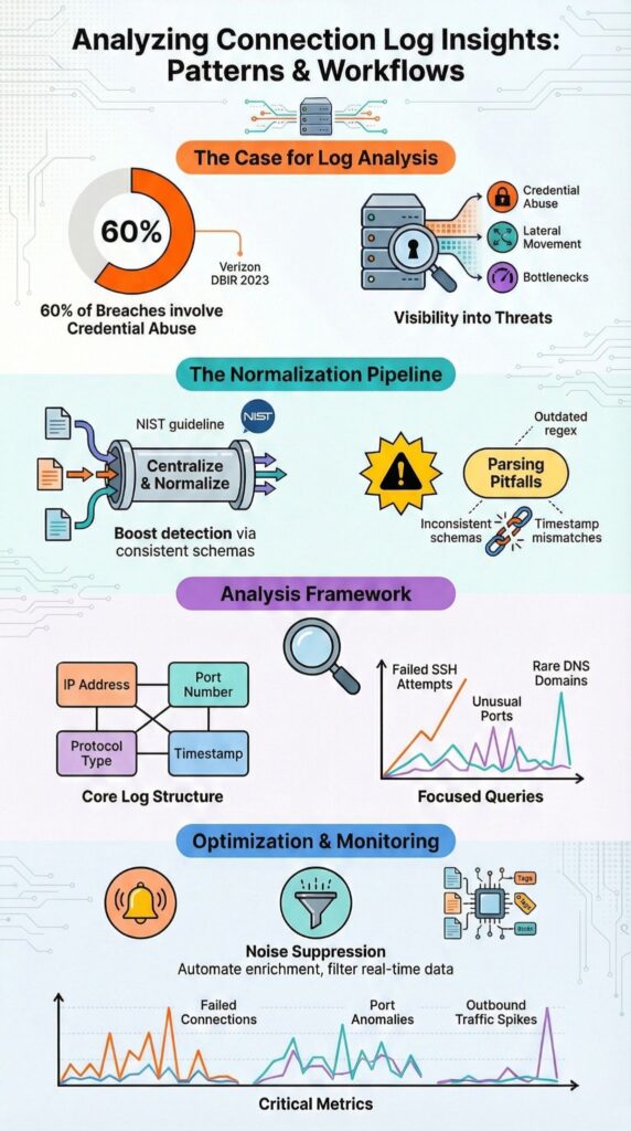 Infographic on analyzing connection logs insights showing normalization pipeline, analysis framework, and patterns