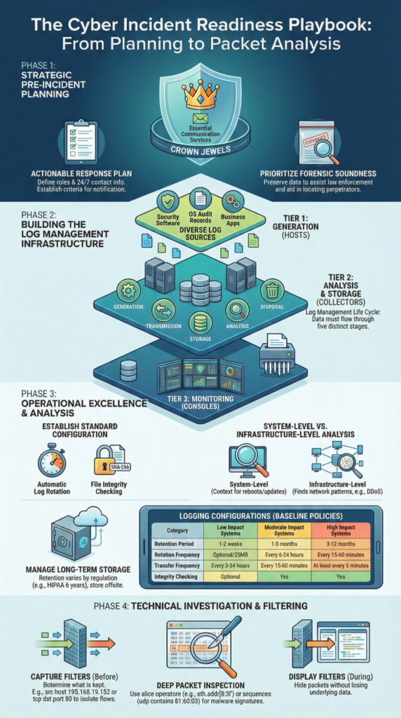 Legal considerations packet capture infographic showing incident response phases, compliant data retention, and secure packet analysis workflows
