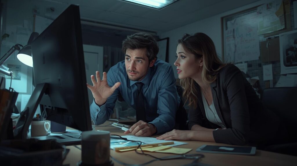 Two analysts examining screen closely while identifying communication patterns metadata in dimly lit investigation room