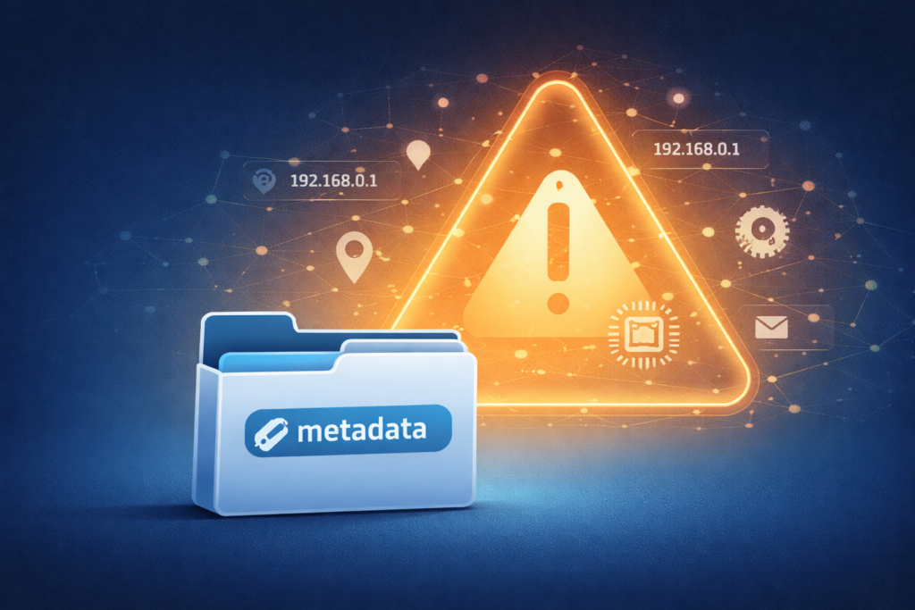 Illustration of privacy implications metadata collection with file folder and hidden digital identifiers behind warning symbol