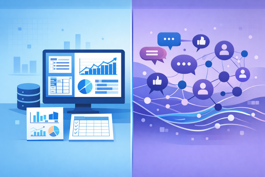 Split-screen illustration of dashboards and social data networks for a metadata analysis tools comparison concept.