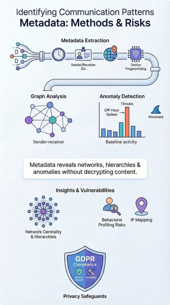 Infographic on identifying communication patterns metadata with extraction methods, graph analysis, and anomaly detection