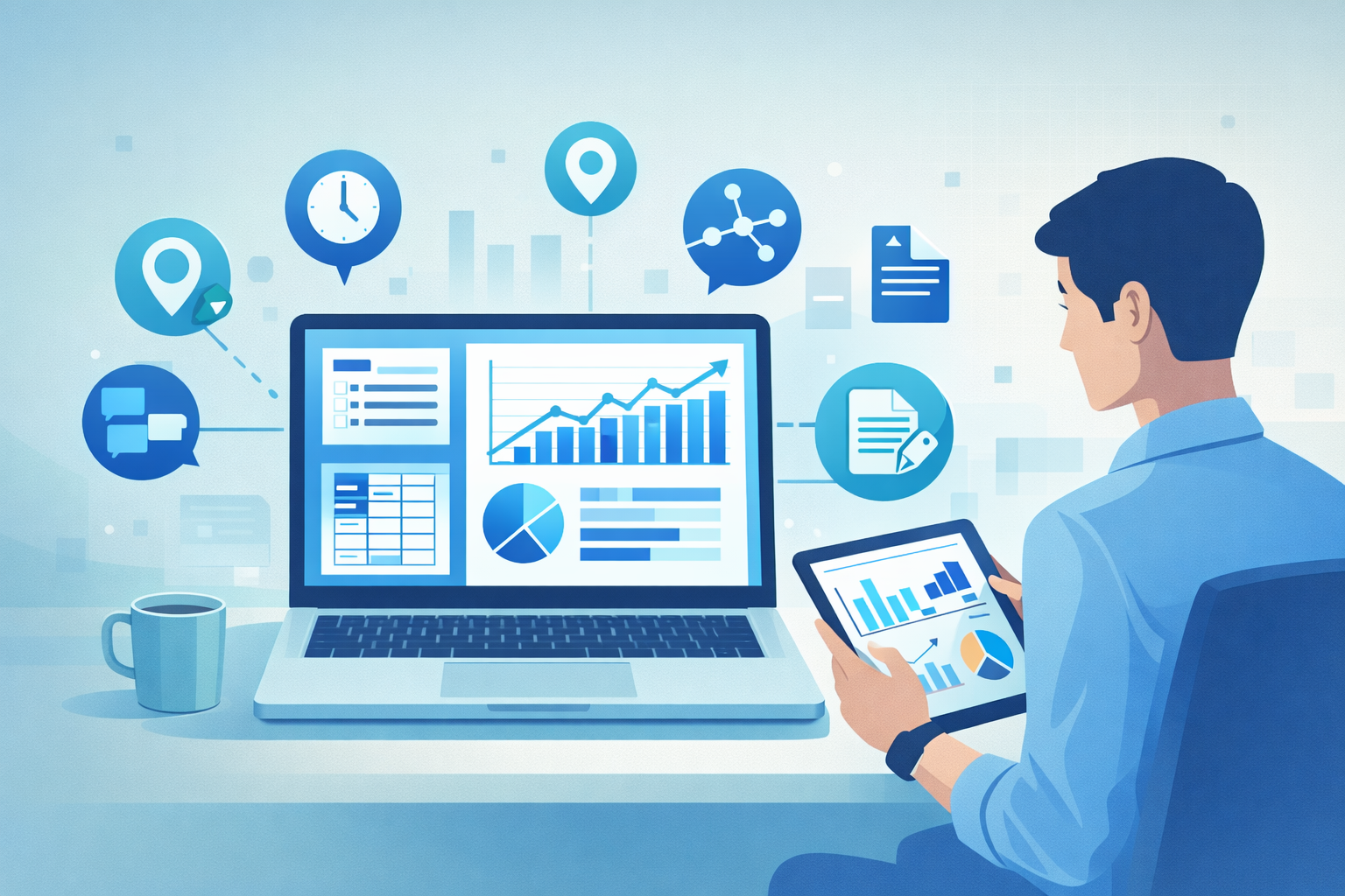 2D illustration of a researcher reviewing dashboards on a laptop, visualizing a metadata analysis tools comparison in a modern workspace.
