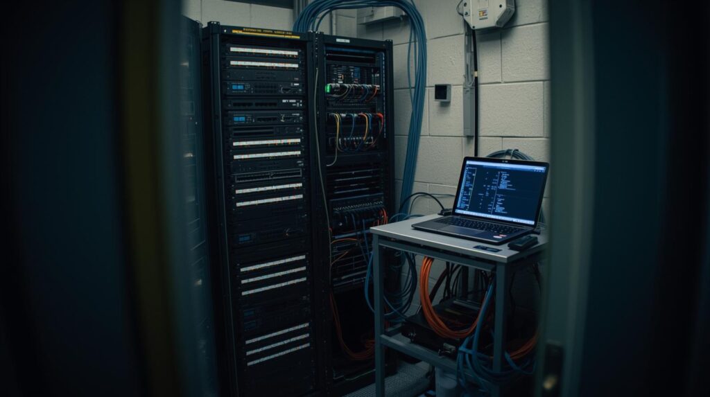 Server room equipment with laptop displaying code for using metadata for threat hunting alongside network cable bundles
