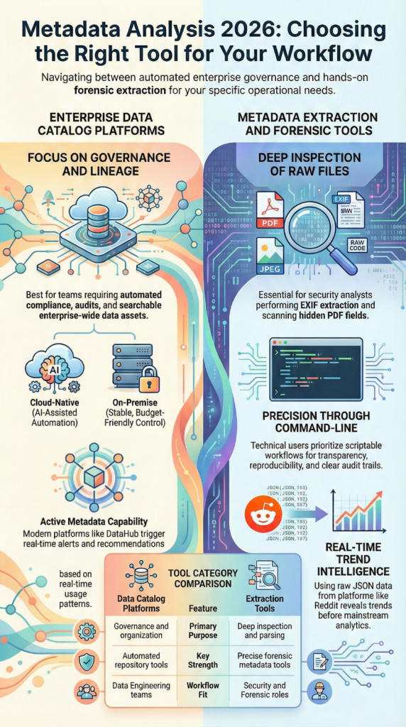 Infographic contrasting governance platforms and forensic tools in a metadata analysis tools comparison workflow concept.