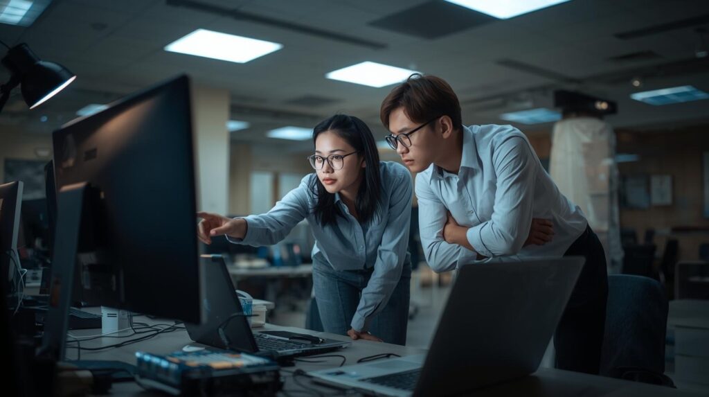 Two cybersecurity analysts collaborating on using metadata for threat hunting while examining monitor in office setting