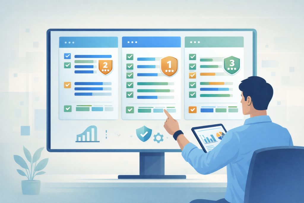 Researcher reviewing platform dashboards and rankings on a screen for a metadata analysis tools comparison.