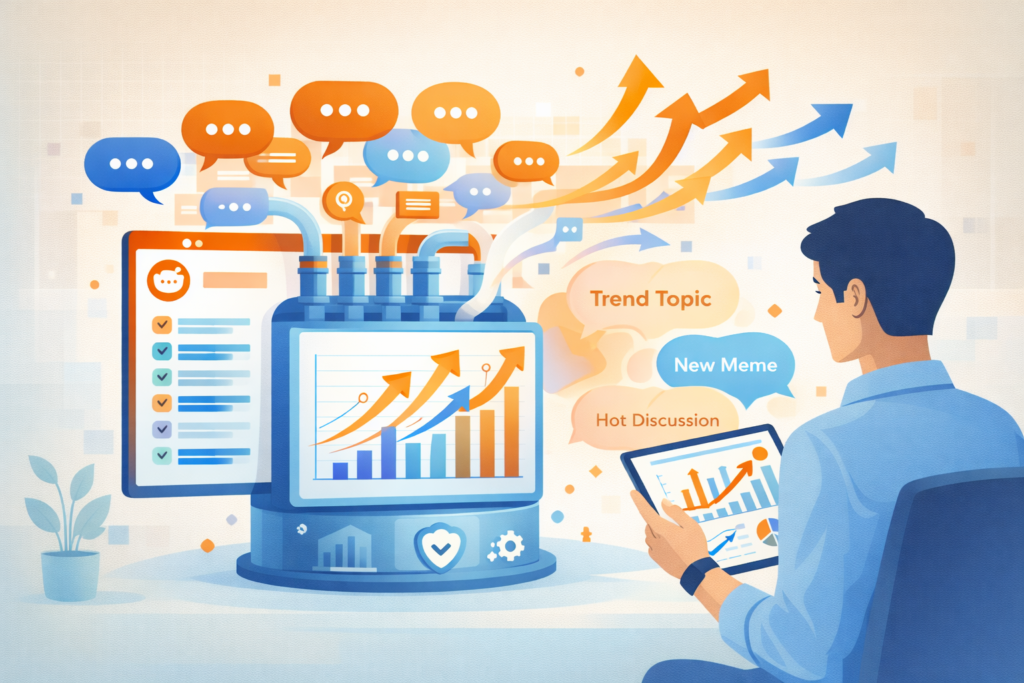 Illustration of a data engine analyzing conversations and trends for a metadata analysis tools comparison.