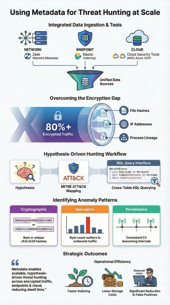 Infographic explaining using metadata for threat hunting at scale with tools, workflows, anomaly patterns, and outcomes