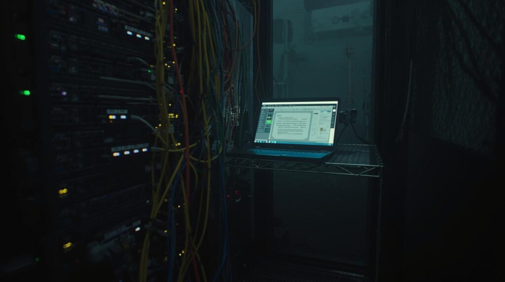 Laptop displaying data interface in server room used for enriching metadata with context alongside blinking equipment