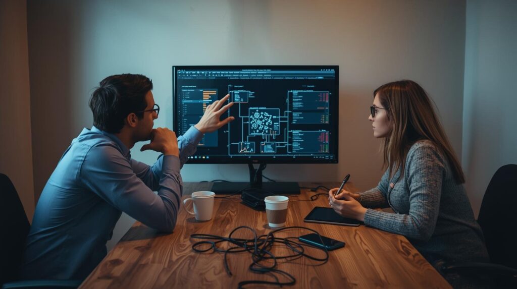 Two data professionals discussing enriching metadata with context on monitor showing network diagrams and analytics