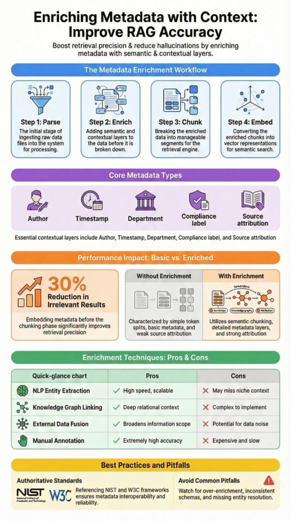 Infographic on enriching metadata with context showing workflow, core types, performance impact, and best practices