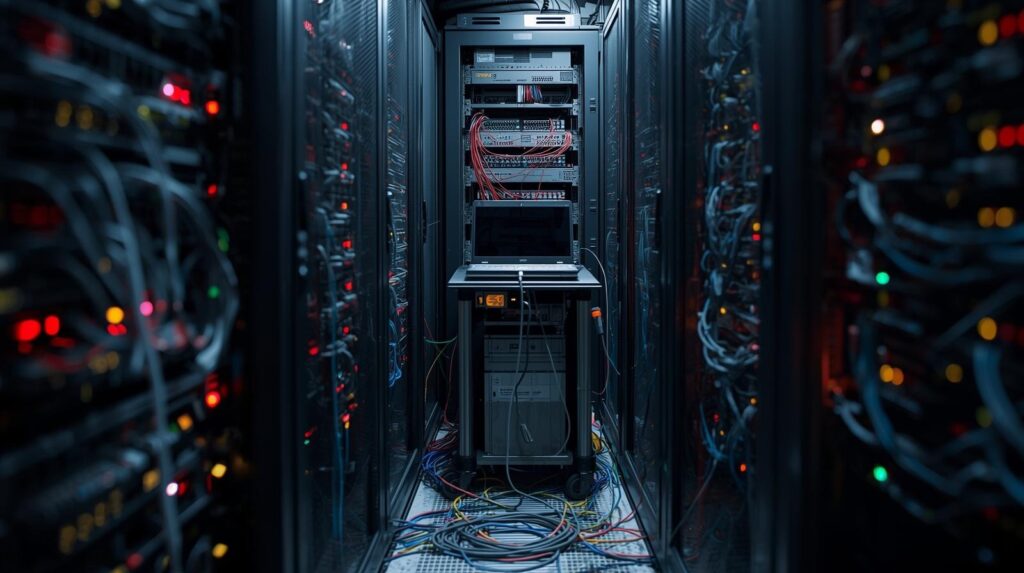 Data center server rack with colorful indicator lights for storing processing network metadata infrastructure