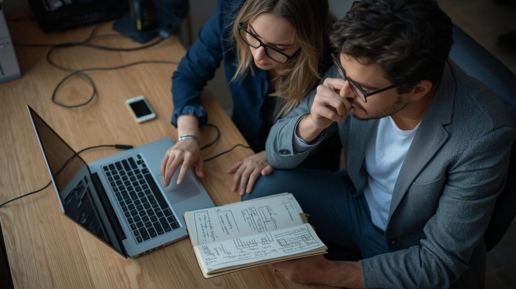 Two IT professionals collaborating on real time network traffic analysis using laptop and handwritten diagrams