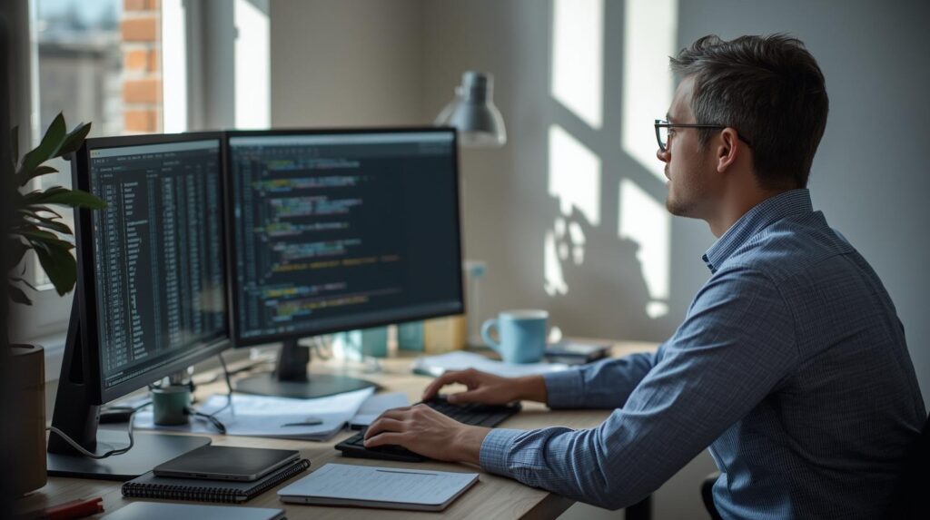 Developer working on dual monitors focused on storing processing network metadata in bright sunlit home office