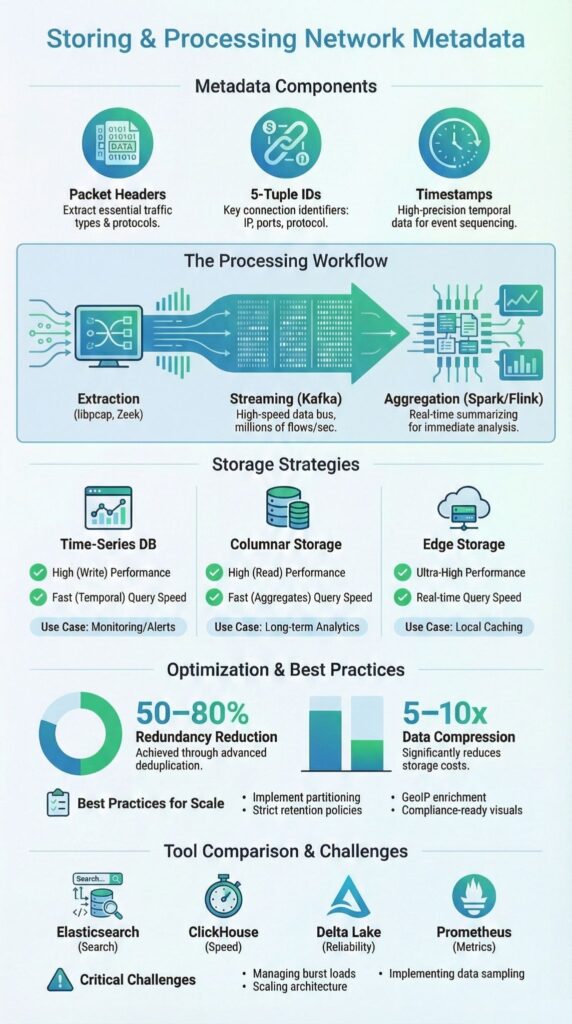 Infographic on storing processing network metadata showing components, workflow, storage strategies, and optimization