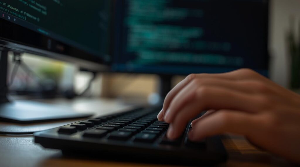 Close-up of a hand typing on a dark keyboard with green code on screen querying edr data sources process execution files