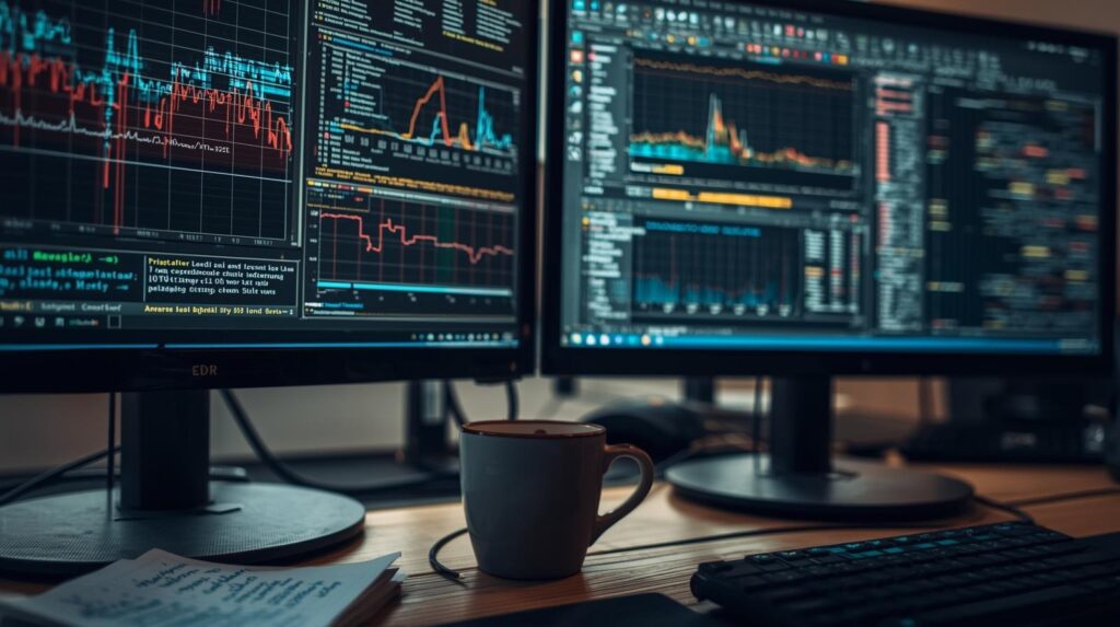 Dual monitors displaying colorful telemetry graphs and code logs for analyzing edr data sources process execution files