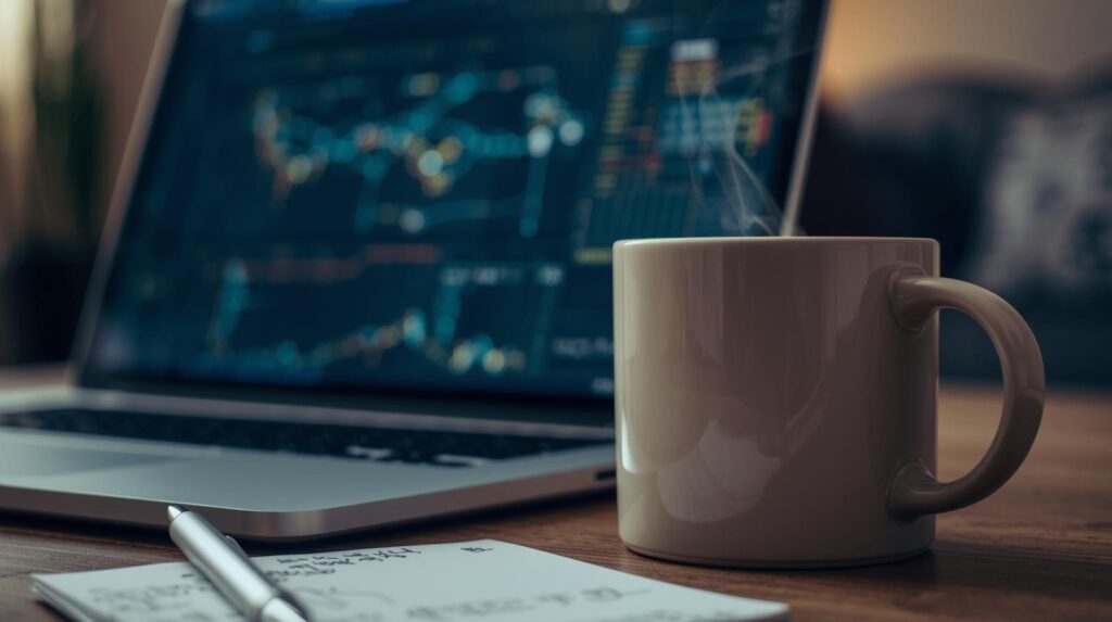 Steaming coffee mug beside a laptop displaying network telemetry charts for detecting threats missed network level analysis