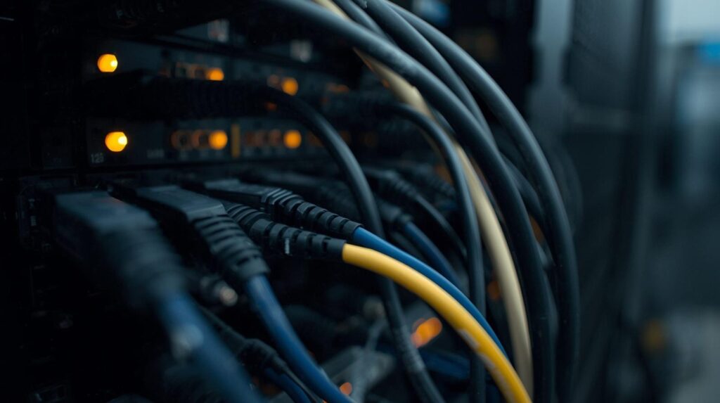 Close-up of network switch with lit ports and bundled cables representing infrastructure used for detecting threats missed network level
