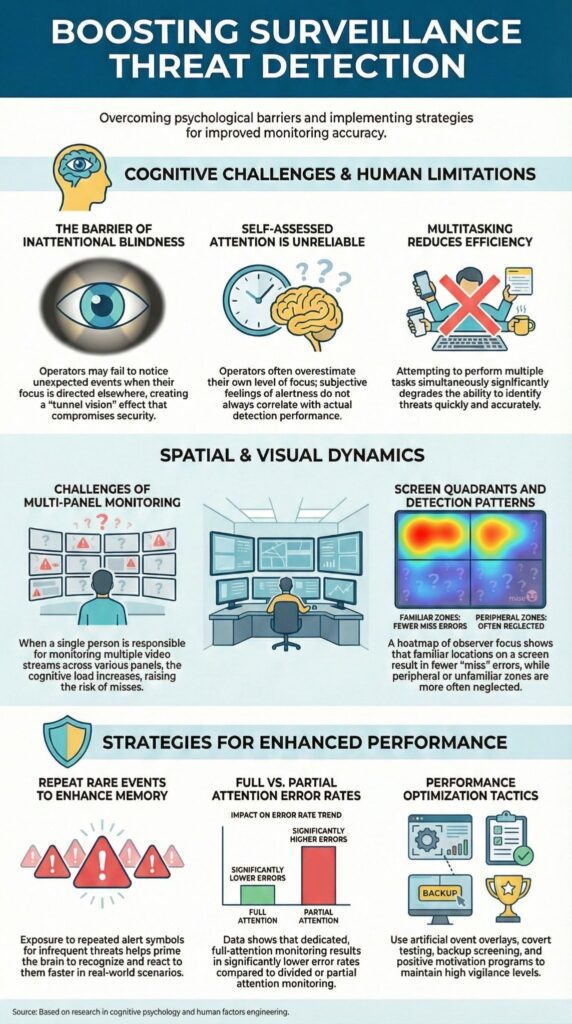 Cognitive bias framework infographic on detecting threats missed network level due to inattentional blindness and multitasking