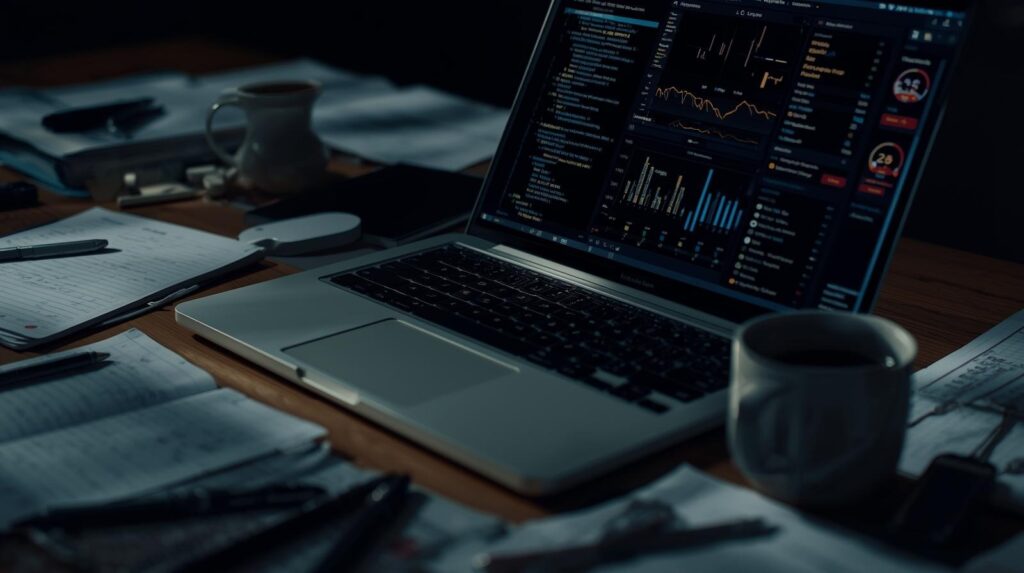 Security analyst monitoring endpoint detection response capabilities on a laptop with dark dashboard