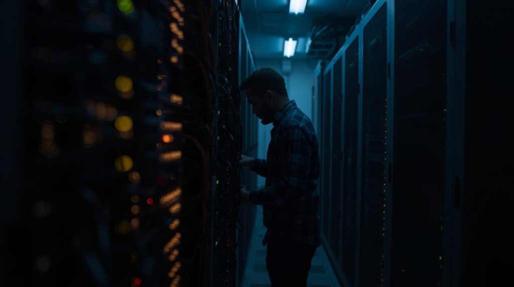 IT technician managing servers to support endpoint detection response capabilities in a data center