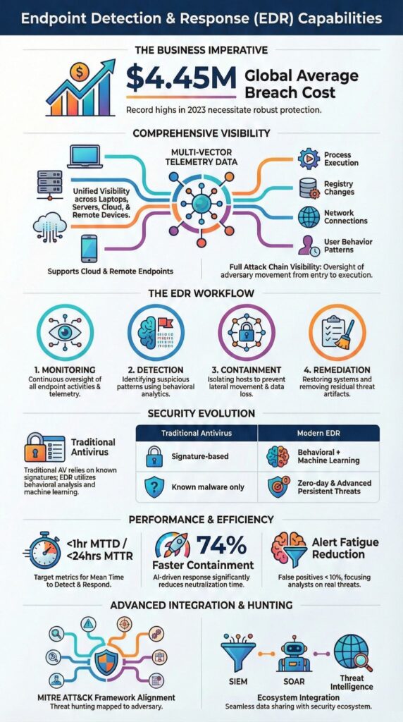 Infographic illustrating endpoint detection response capabilities including EDR workflow and performance metrics