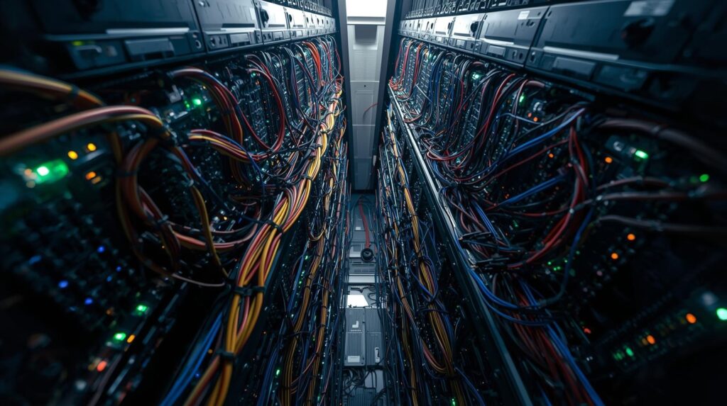 Server rack infrastructure supporting edr agent deployment management with complex network cable connections