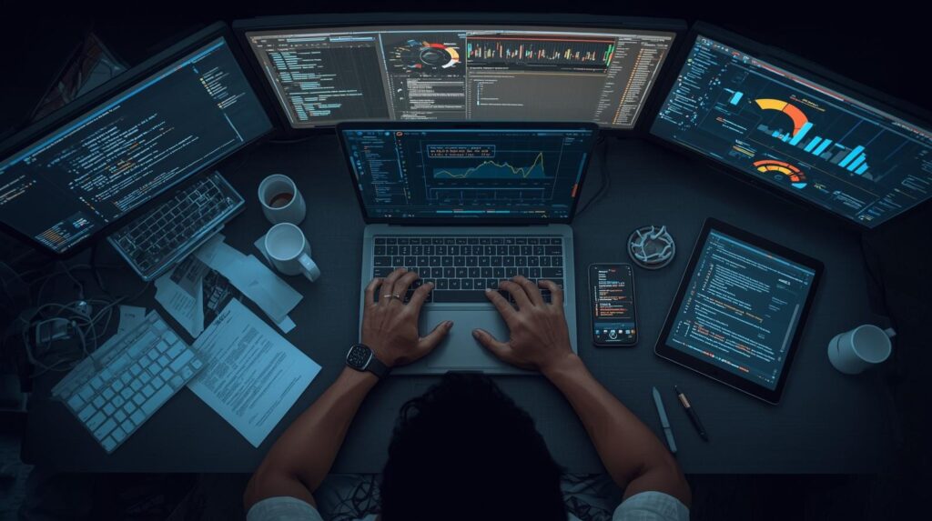 IT professional overseeing edr agent deployment management across multiple security monitoring screens