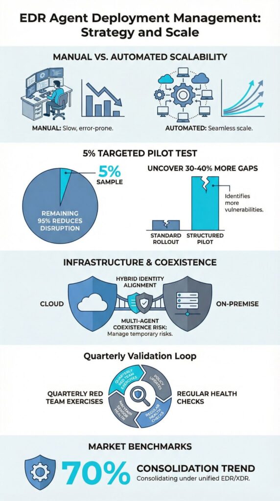 Infographic showing edr agent deployment management strategy including pilot testing and infrastructure coexistence