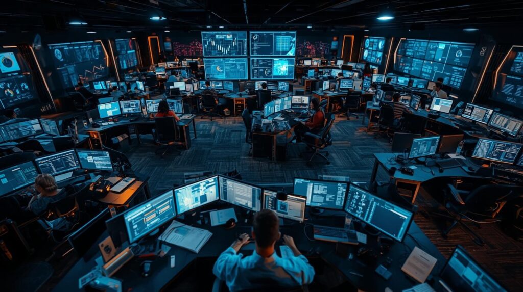 Security operations center team managing edr integration siem soar platforms across multiple monitoring screens