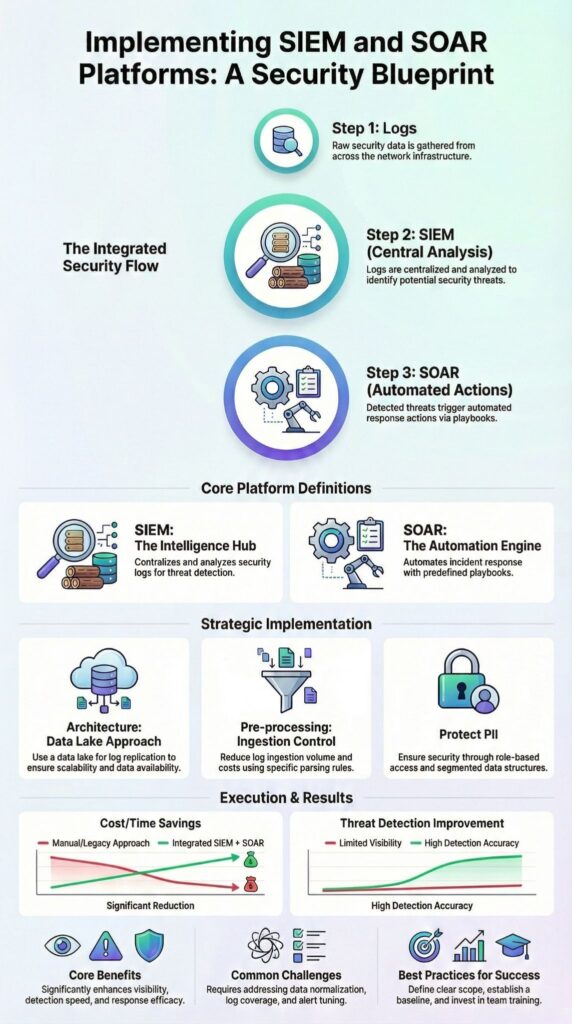 Infographic illustrating edr integration siem soar platforms security blueprint with workflow and implementation steps