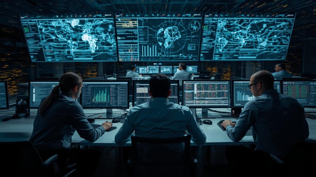 Security team in a control room using edr for incident response with global threat monitoring displays