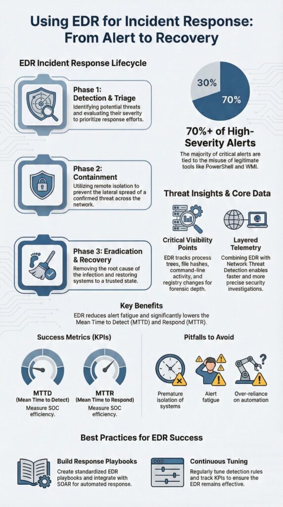 Infographic outlining using edr for incident response lifecycle from detection and triage to recovery