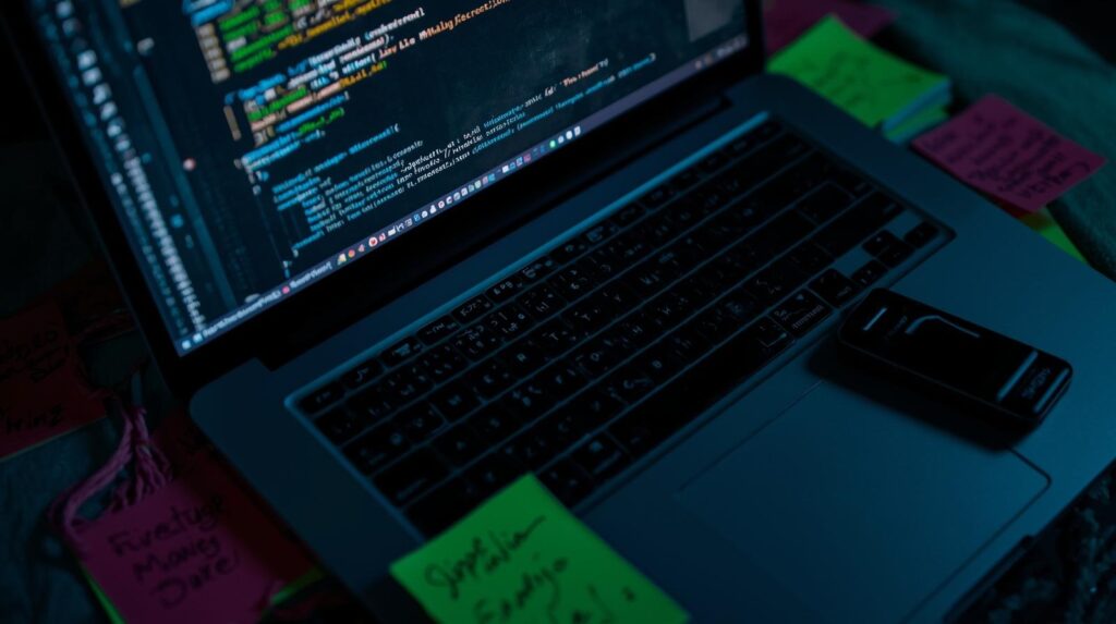 Laptop with code and sticky notes used for investigating endpoint compromise edr in a dark workspace