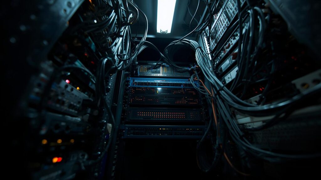 Data center server rack with blinking lights demonstrating full packet capture advantages for security infrastructure