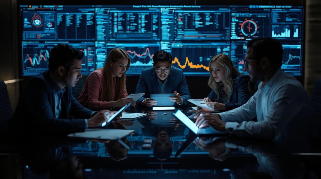 Security team collaborating on investigating endpoint compromise edr using tablets in a dark control room