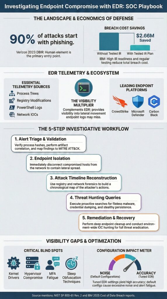 Infographic showing a SOC playbook for investigating endpoint compromise edr with a five-step workflow