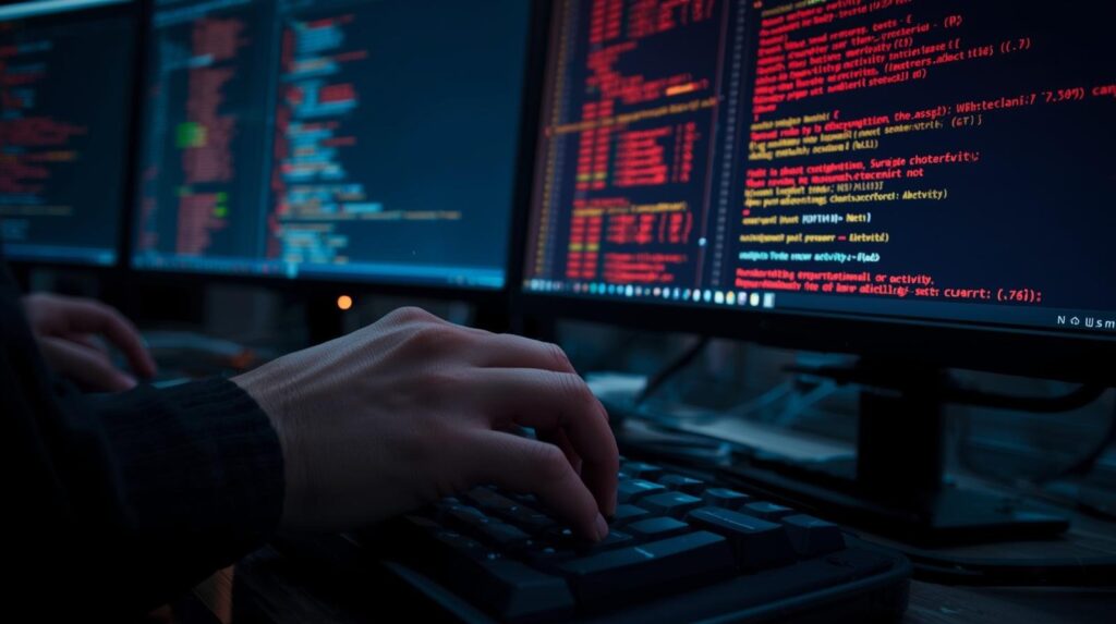 Hands typing on keyboard analyzing red-coded threat screens highlighting edr vs traditional antivirus av differences