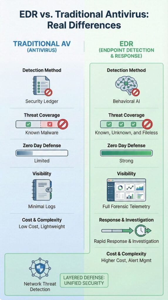 Infographic comparing edr vs traditional antivirus av across detection methods threat coverage and visibility
