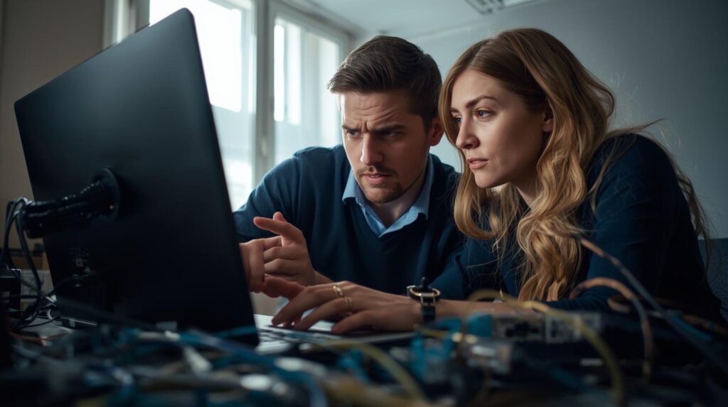 Two network engineers analyzing full packet capture advantages on monitor surrounded by ethernet cables and hardware