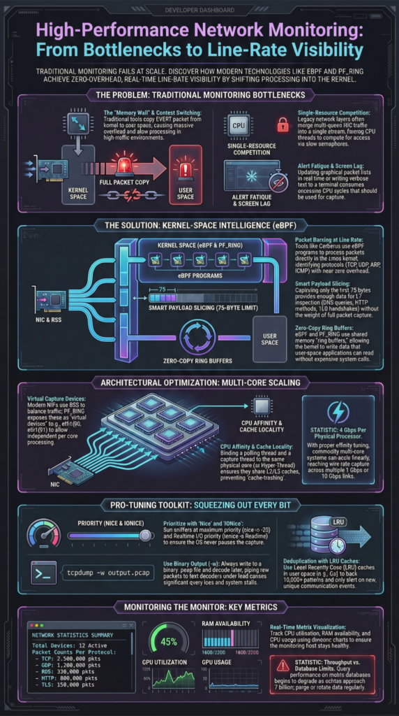 Performance impact packet capture tools slowing server traffic with CPU strain, disk overload, and visible packet loss flow