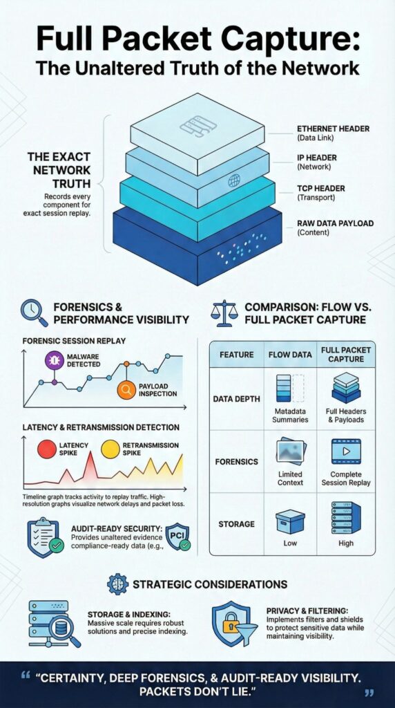 Infographic illustrating full packet capture advantages including forensics, session replay, and flow data comparison