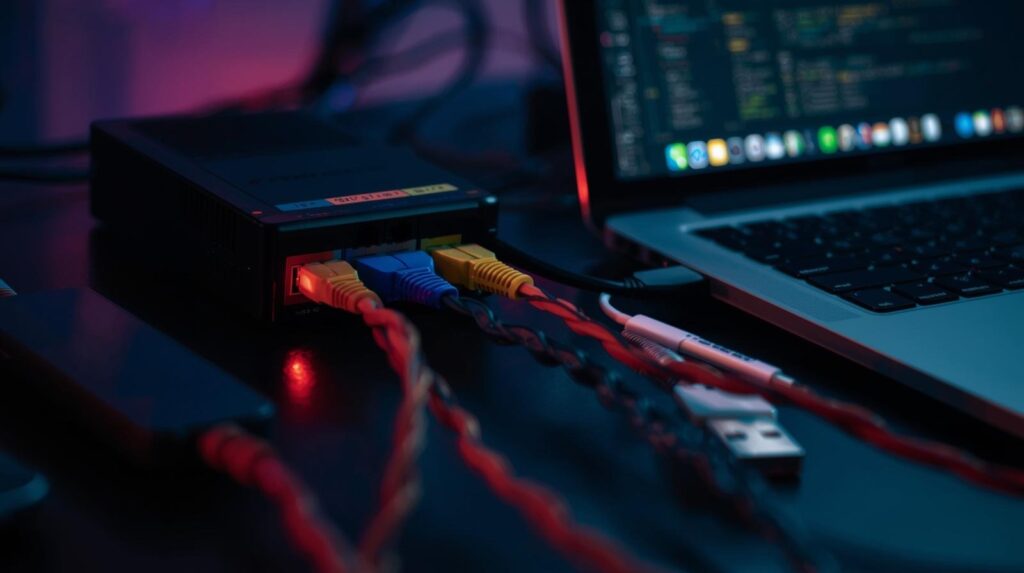 Colorful ethernet cables connected to router for extracting files from network captures during forensic investigation