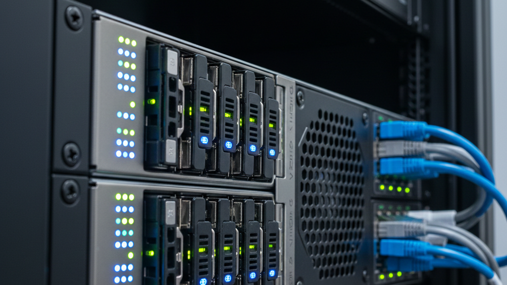 Close-up of network recorder appliance features showing storage bays, active ports, and live data flow indicators