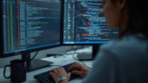 Analyst typing on keyboard while investigating endpoint compromise edr across dual colorful code screens